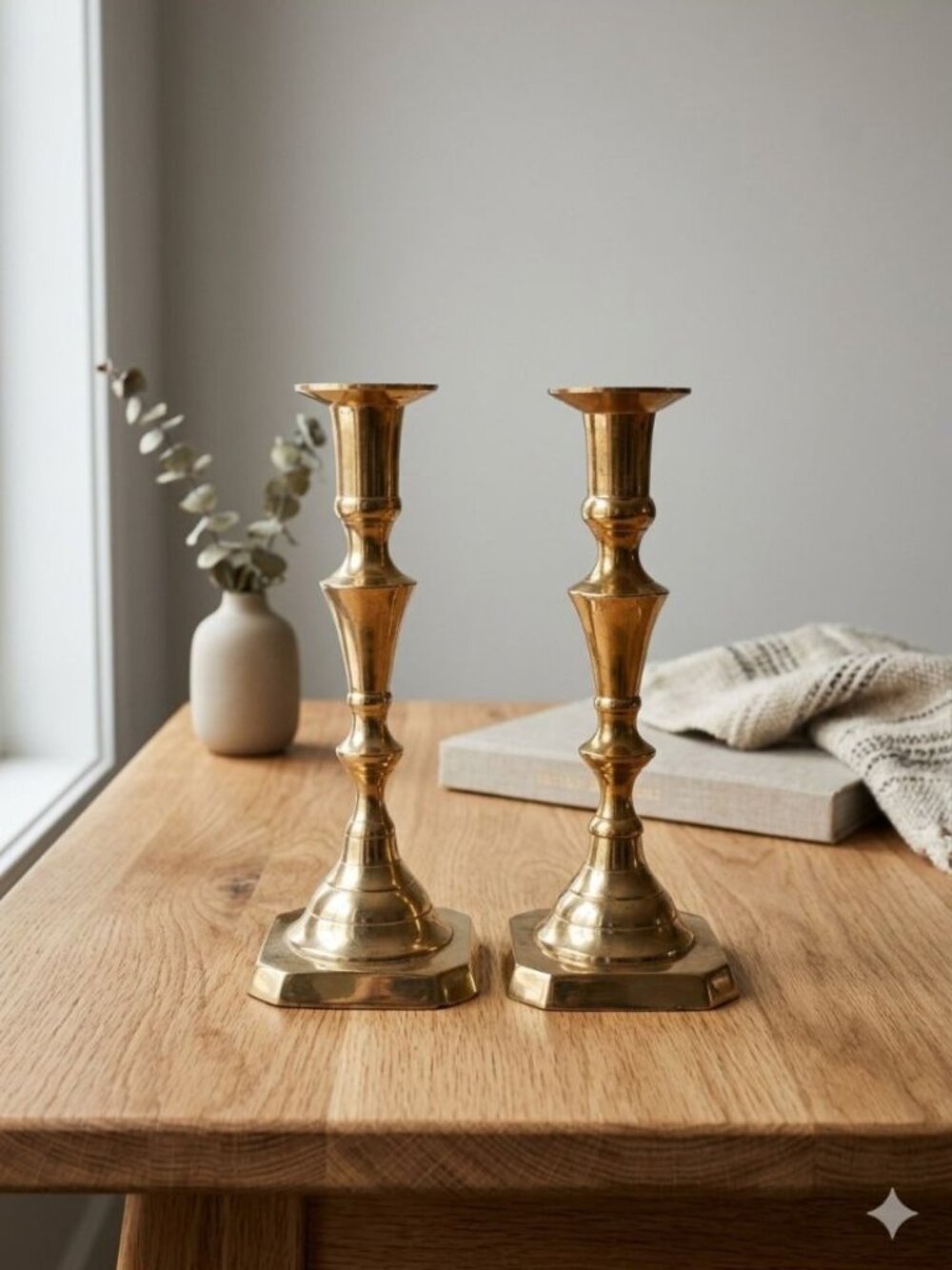 Vintage Brass Candlesticks Pair Tall Spindle Hexagonal Base MCM Gold Heavy 8"